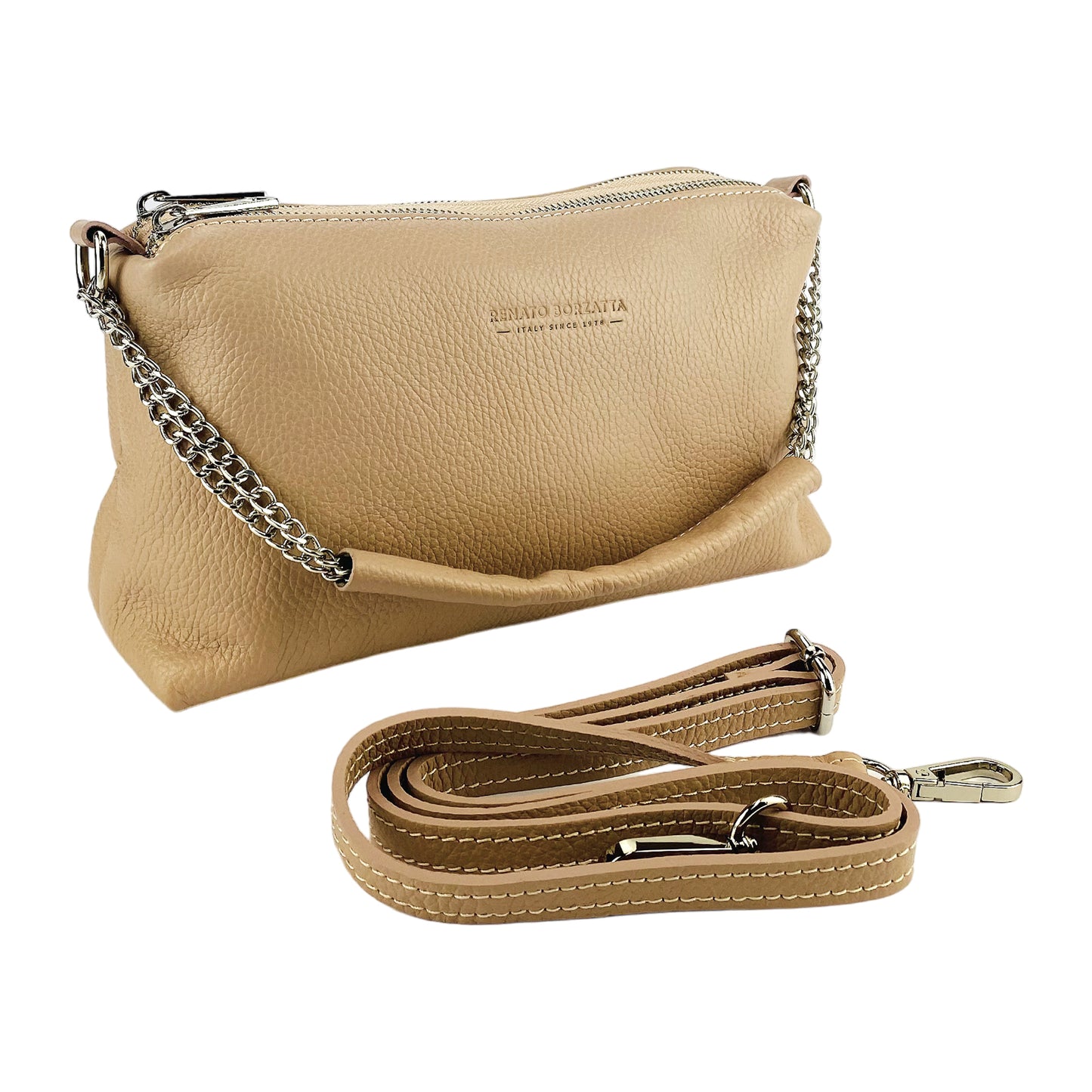 RB1025AU | Borsa Donna a Mano con doppia lampo in Vera Pelle Made in Italy. Tracolla in pelle regolabile. Accessori Nickel Lucido - Colore Cipria - Dimensioni: cm 26 x 14 x 9