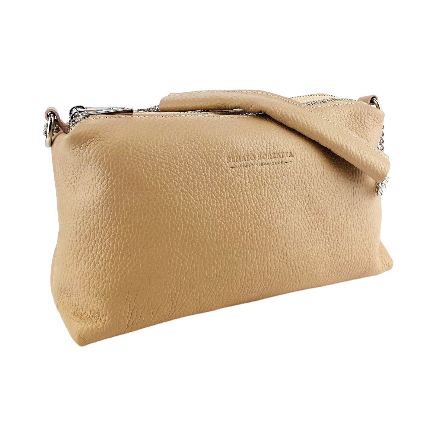 RB1025AU | Borsa Donna a Mano con doppia lampo in Vera Pelle Made in Italy. Tracolla in pelle regolabile. Accessori Nickel Lucido - Colore Cipria - Dimensioni: cm 26 x 14 x 9