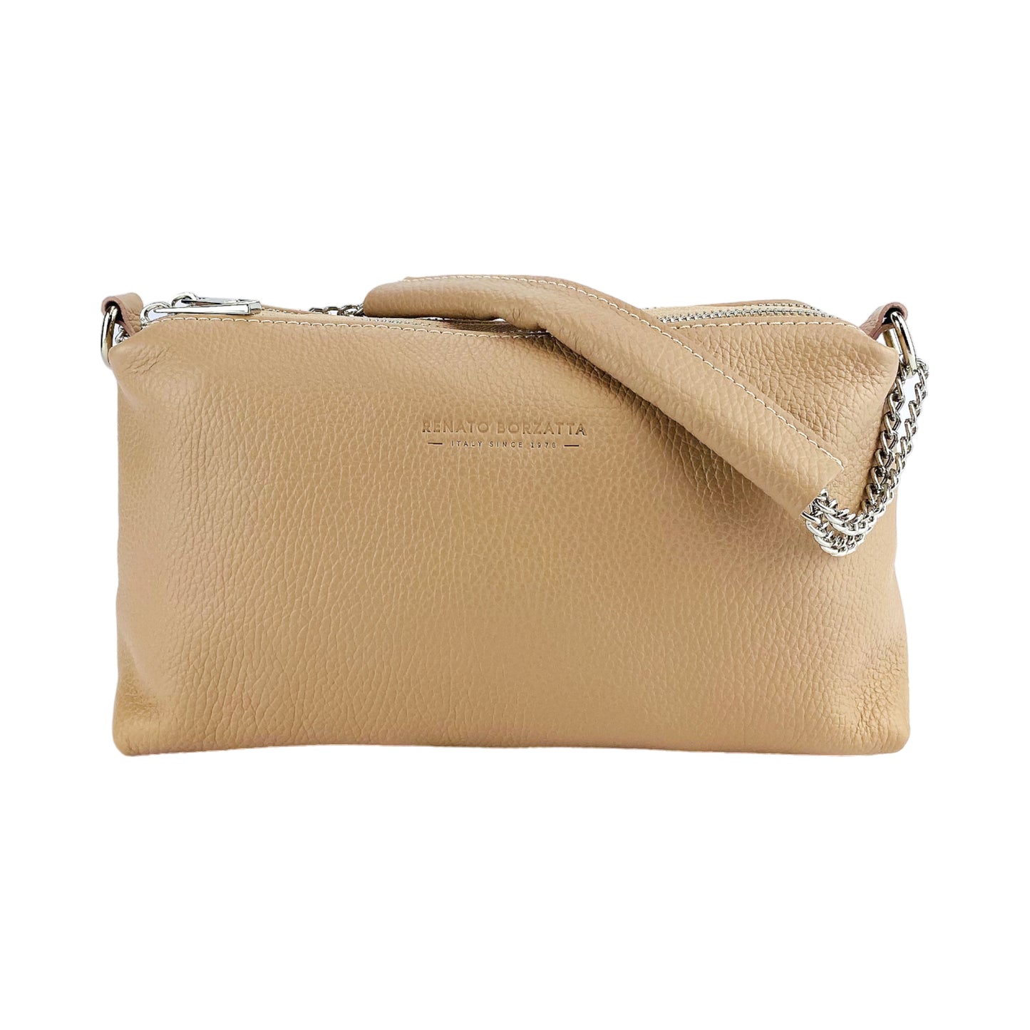 RB1025AU | Borsa Donna a Mano con doppia lampo in Vera Pelle Made in Italy. Tracolla in pelle regolabile. Accessori Nickel Lucido - Colore Cipria - Dimensioni: cm 26 x 14 x 9