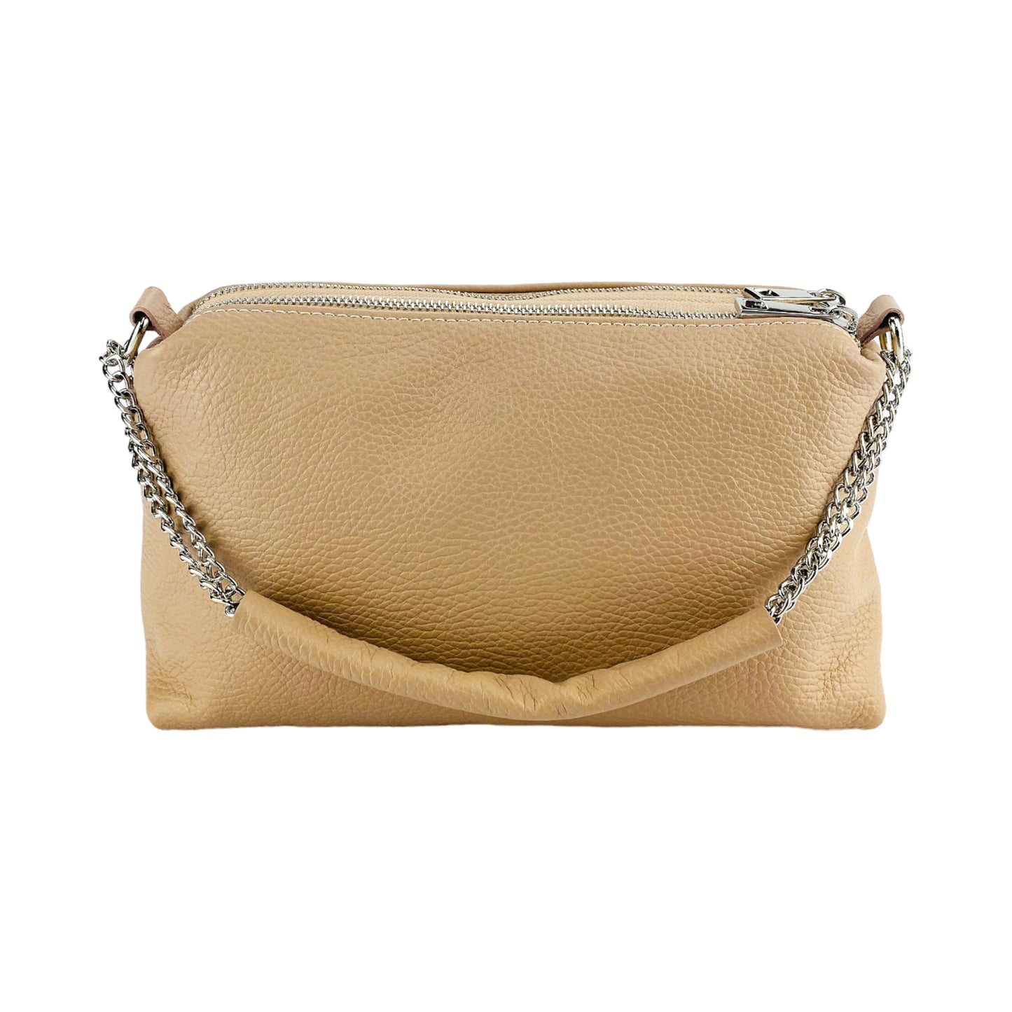 RB1025AU | Borsa Donna a Mano con doppia lampo in Vera Pelle Made in Italy. Tracolla in pelle regolabile. Accessori Nickel Lucido - Colore Cipria - Dimensioni: cm 26 x 14 x 9