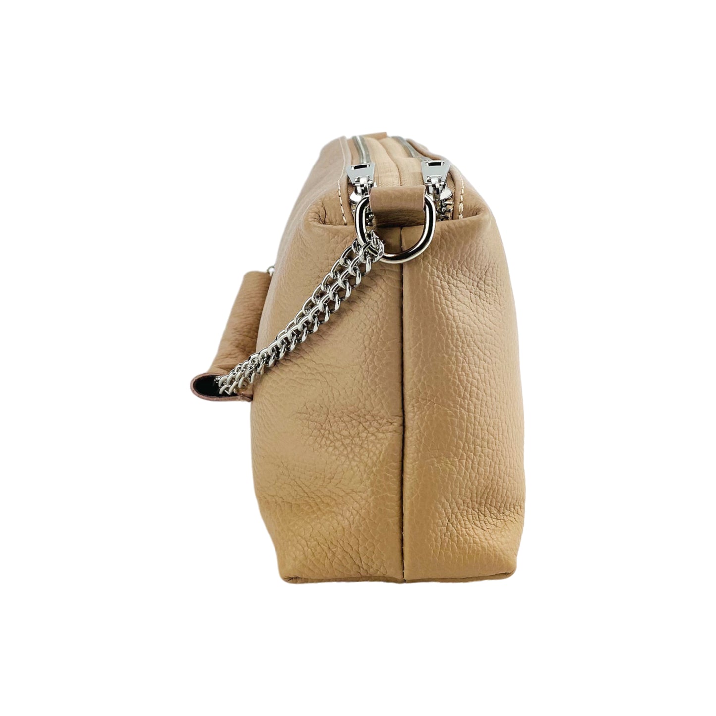 RB1025AU | Borsa Donna a Mano con doppia lampo in Vera Pelle Made in Italy. Tracolla in pelle regolabile. Accessori Nickel Lucido - Colore Cipria - Dimensioni: cm 26 x 14 x 9