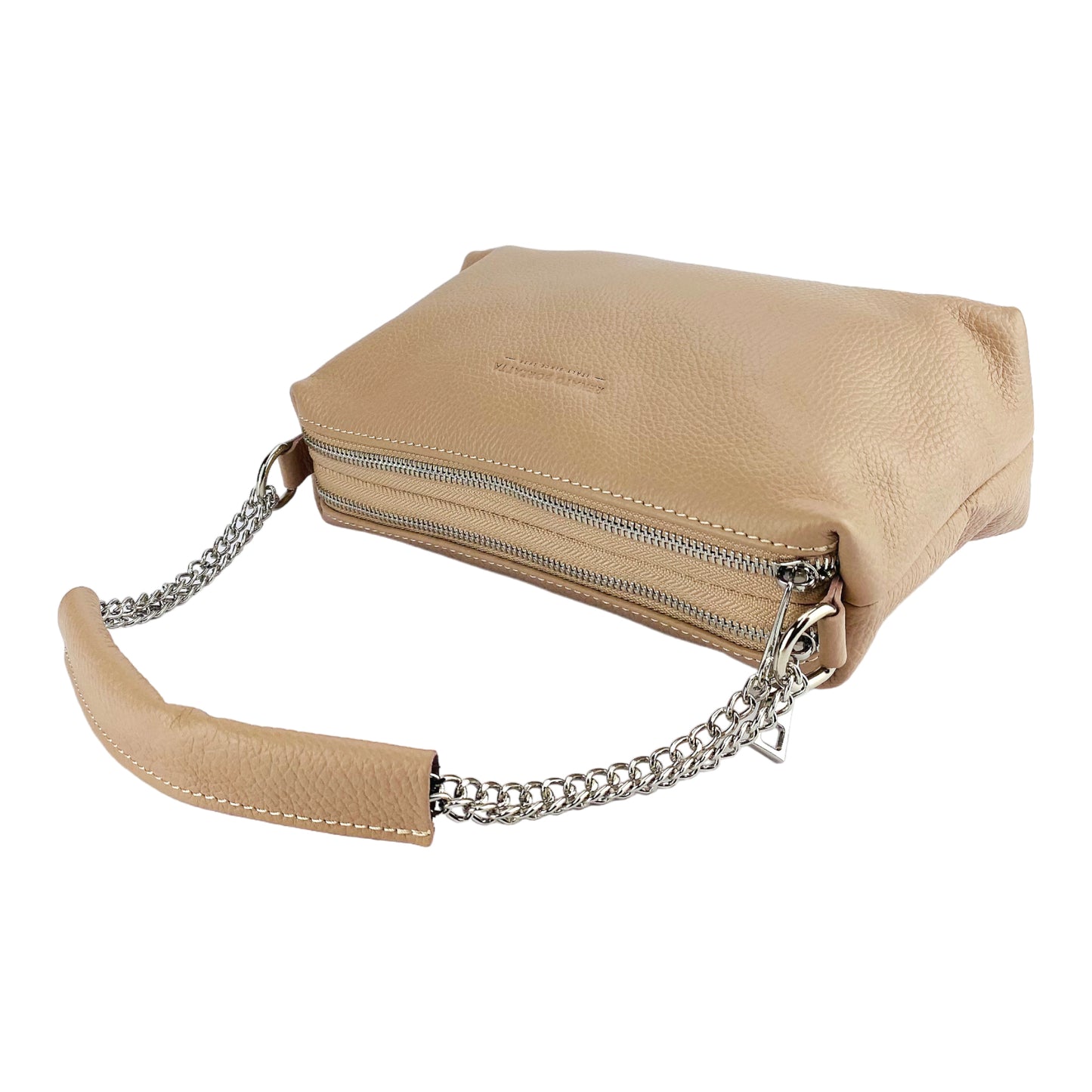 RB1025AU | Borsa Donna a Mano con doppia lampo in Vera Pelle Made in Italy. Tracolla in pelle regolabile. Accessori Nickel Lucido - Colore Cipria - Dimensioni: cm 26 x 14 x 9