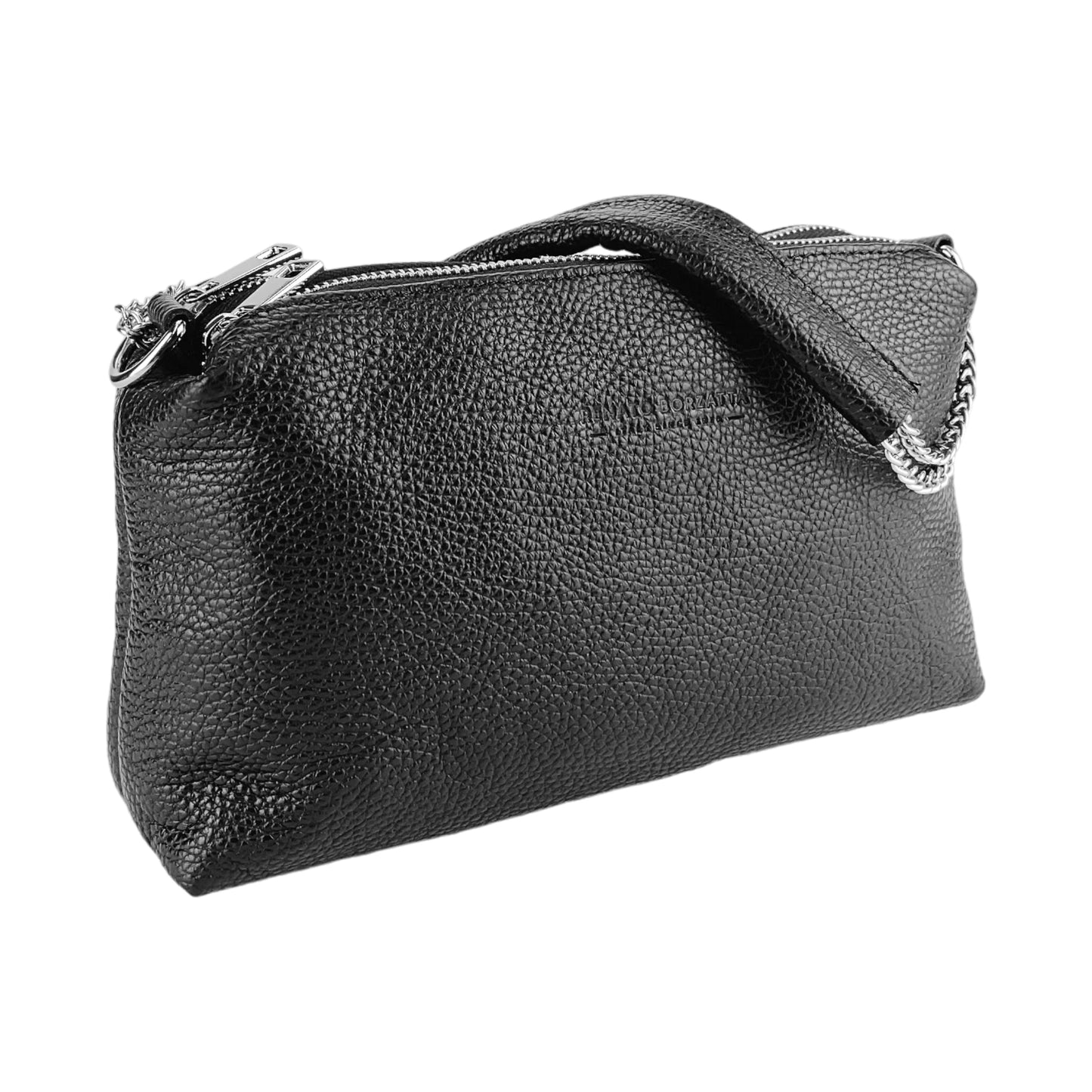 RB1025A | Borsa Donna a Mano con doppia lampo in Vera Pelle Made in Italy. Tracolla in pelle regolabile. Accessori Nickel Lucido - Colore Nero - Dimensioni: cm 26 x 14 x 9