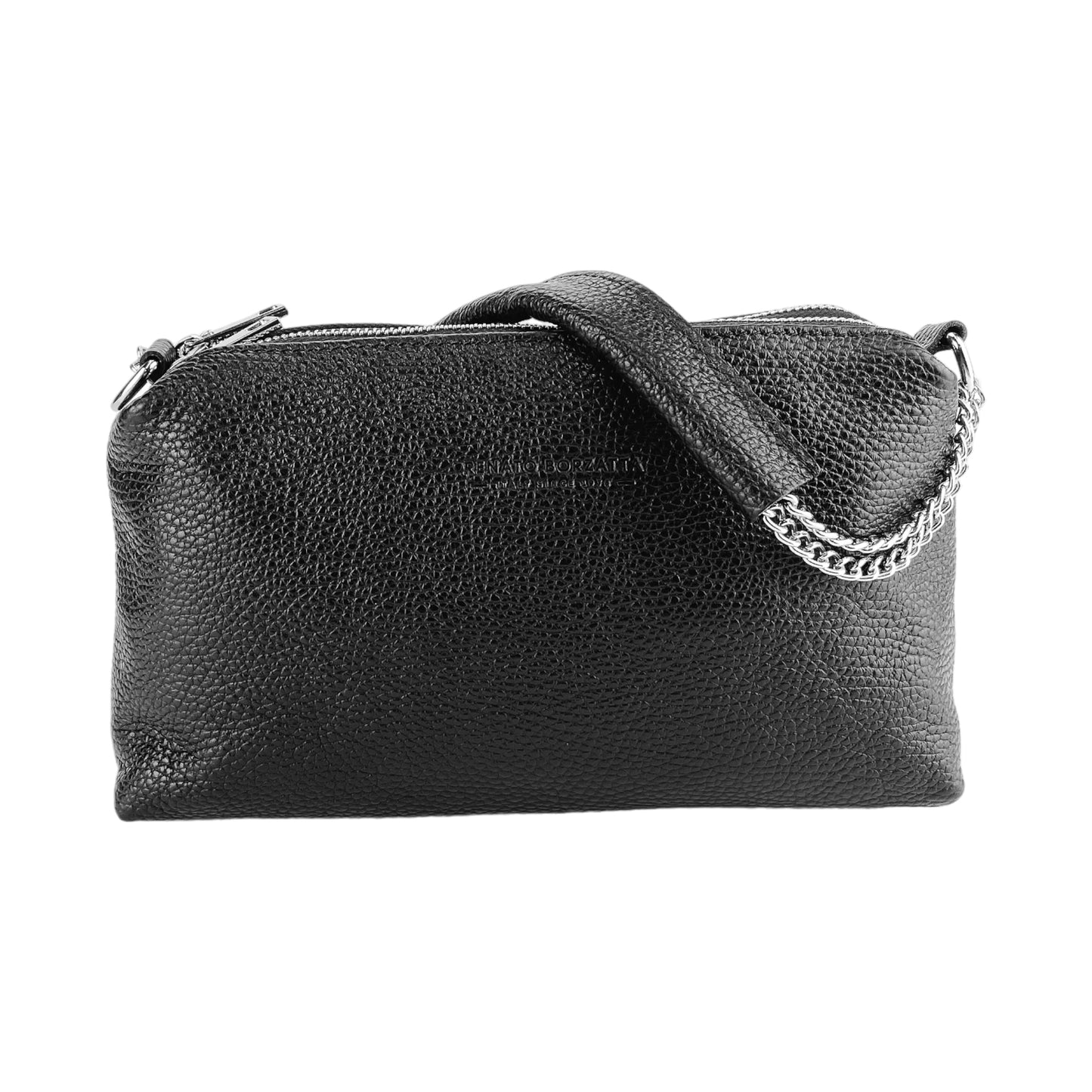 RB1025A | Borsa Donna a Mano con doppia lampo in Vera Pelle Made in Italy. Tracolla in pelle regolabile. Accessori Nickel Lucido - Colore Nero - Dimensioni: cm 26 x 14 x 9