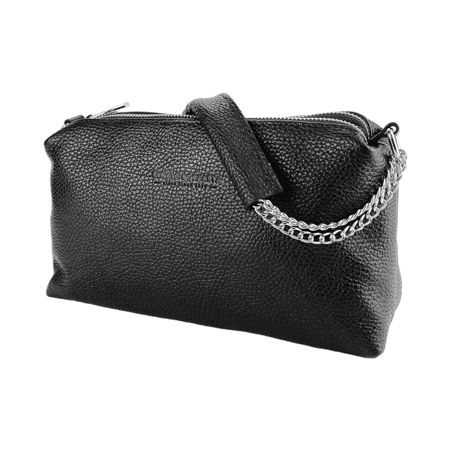 RB1025A | Borsa Donna a Mano con doppia lampo in Vera Pelle Made in Italy. Tracolla in pelle regolabile. Accessori Nickel Lucido - Colore Nero - Dimensioni: cm 26 x 14 x 9