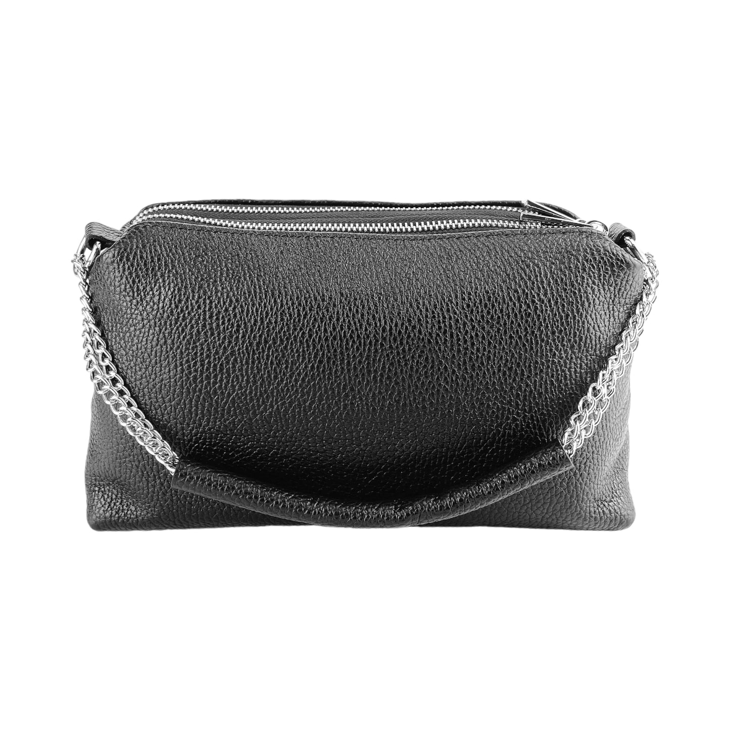 RB1025A | Borsa Donna a Mano con doppia lampo in Vera Pelle Made in Italy. Tracolla in pelle regolabile. Accessori Nickel Lucido - Colore Nero - Dimensioni: cm 26 x 14 x 9