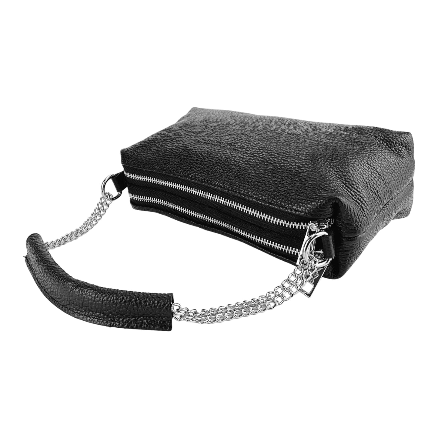 RB1025A | Borsa Donna a Mano con doppia lampo in Vera Pelle Made in Italy. Tracolla in pelle regolabile. Accessori Nickel Lucido - Colore Nero - Dimensioni: cm 26 x 14 x 9