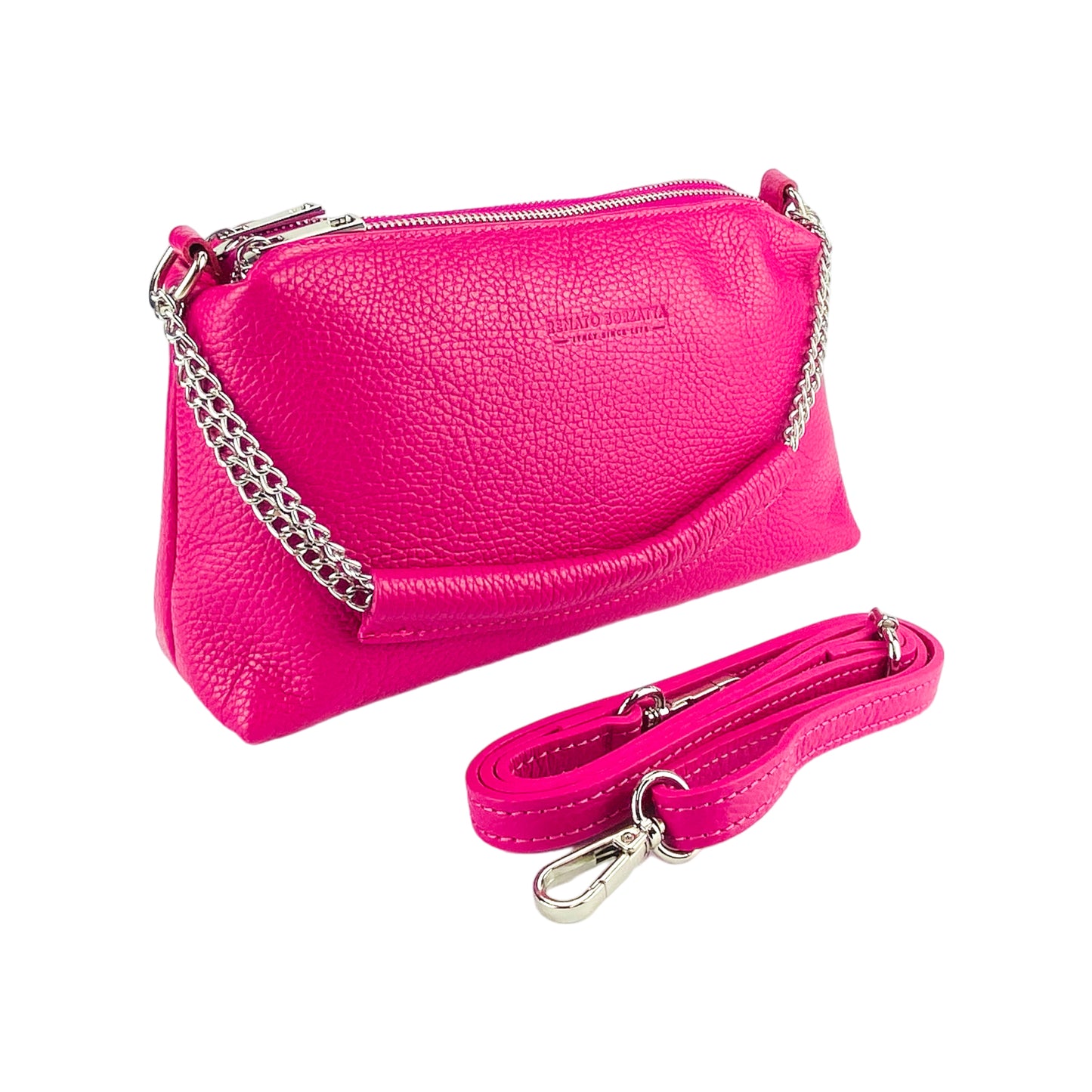 RB1025BE | Borsa Donna a Mano con doppia lampo in Vera Pelle Made in Italy. Tracolla in pelle regolabile. Accessori Nickel Lucido - Colore Fuxia - Dimensioni: cm 26 x 14 x 9