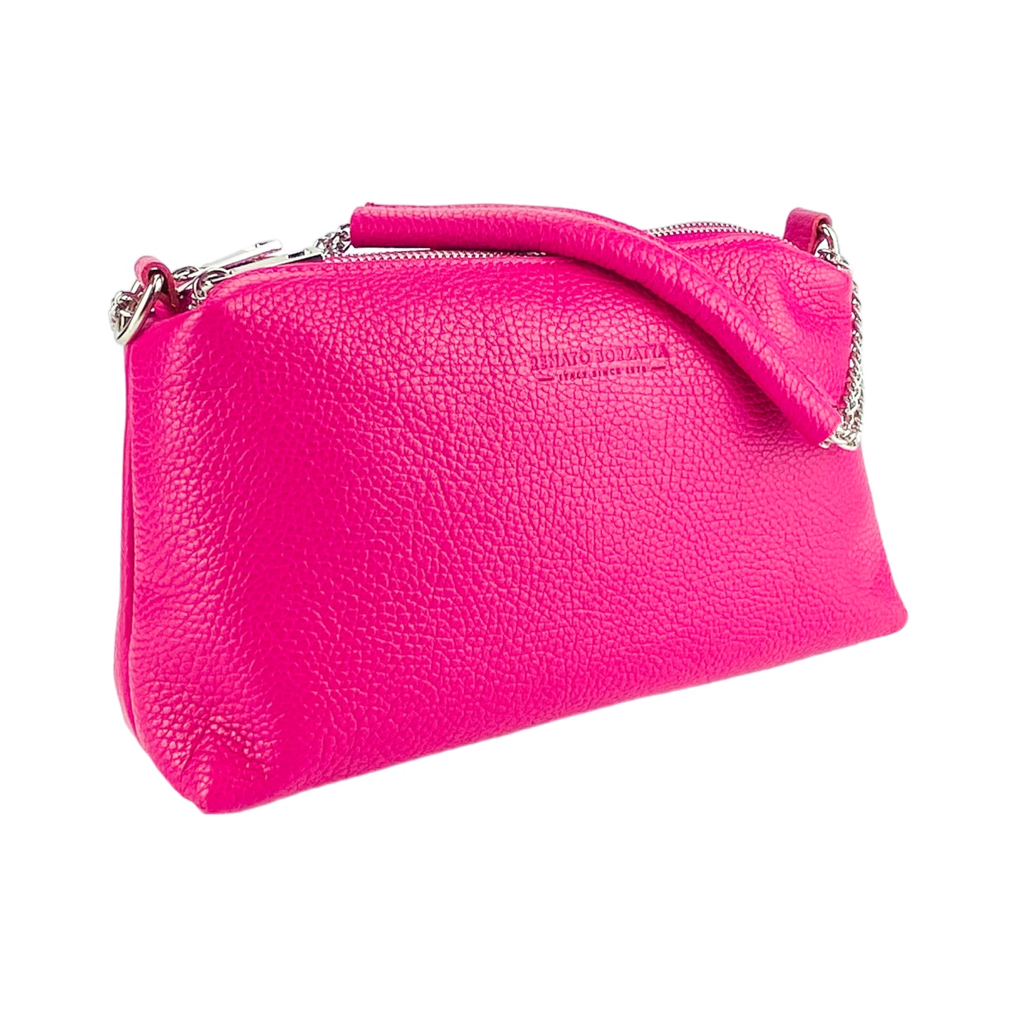 RB1025BE | Borsa Donna a Mano con doppia lampo in Vera Pelle Made in Italy. Tracolla in pelle regolabile. Accessori Nickel Lucido - Colore Fuxia - Dimensioni: cm 26 x 14 x 9