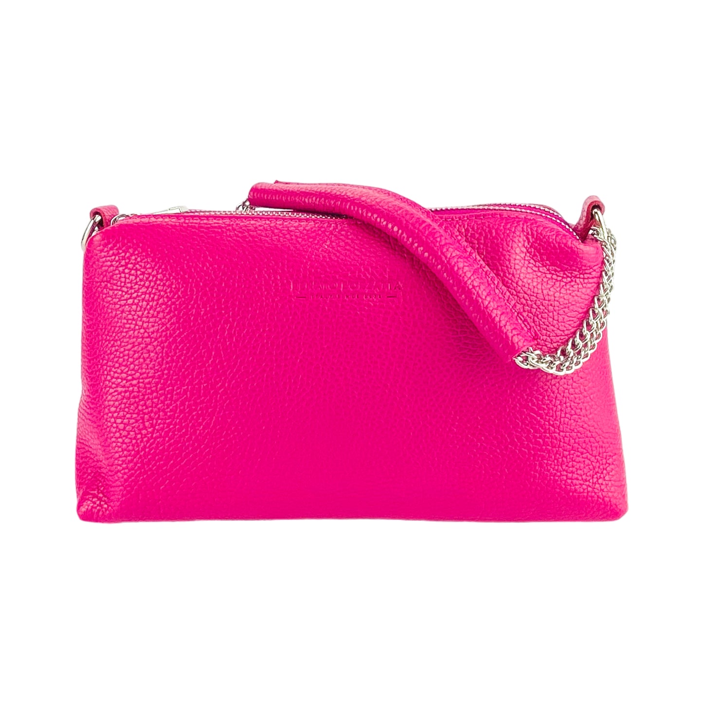 RB1025BE | Borsa Donna a Mano con doppia lampo in Vera Pelle Made in Italy. Tracolla in pelle regolabile. Accessori Nickel Lucido - Colore Fuxia - Dimensioni: cm 26 x 14 x 9
