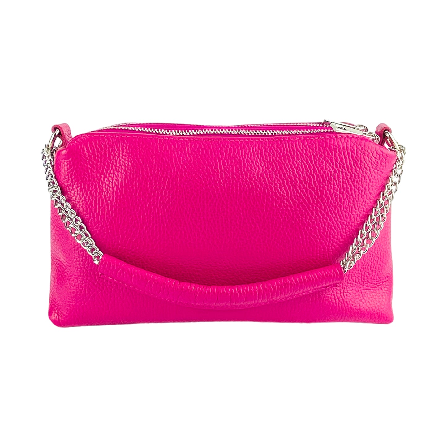 RB1025BE | Borsa Donna a Mano con doppia lampo in Vera Pelle Made in Italy. Tracolla in pelle regolabile. Accessori Nickel Lucido - Colore Fuxia - Dimensioni: cm 26 x 14 x 9