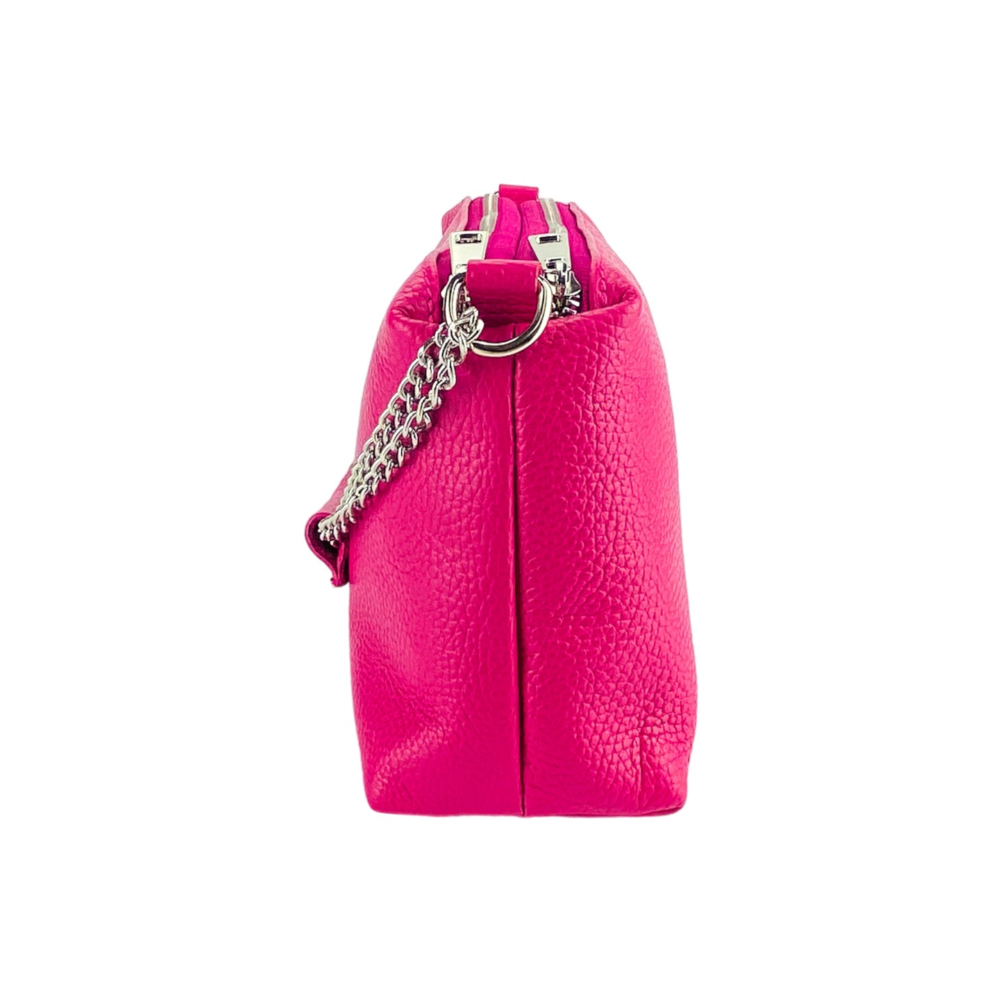 RB1025BE | Borsa Donna a Mano con doppia lampo in Vera Pelle Made in Italy. Tracolla in pelle regolabile. Accessori Nickel Lucido - Colore Fuxia - Dimensioni: cm 26 x 14 x 9