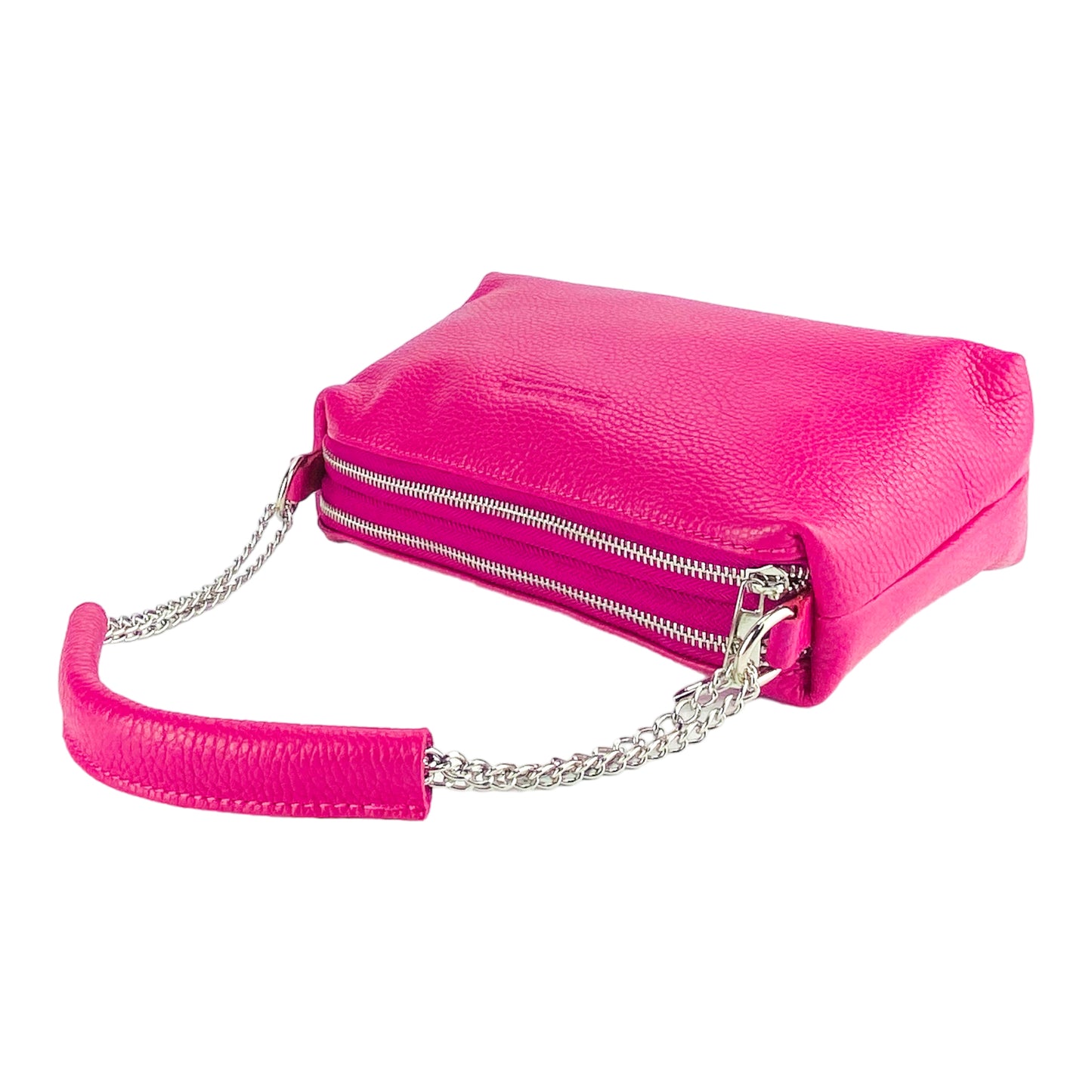 RB1025BE | Borsa Donna a Mano con doppia lampo in Vera Pelle Made in Italy. Tracolla in pelle regolabile. Accessori Nickel Lucido - Colore Fuxia - Dimensioni: cm 26 x 14 x 9