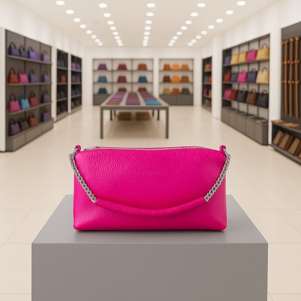RB1025BE | Borsa Donna a Mano con doppia lampo in Vera Pelle Made in Italy. Tracolla in pelle regolabile. Accessori Nickel Lucido - Colore Fuxia - Dimensioni: cm 26 x 14 x 9