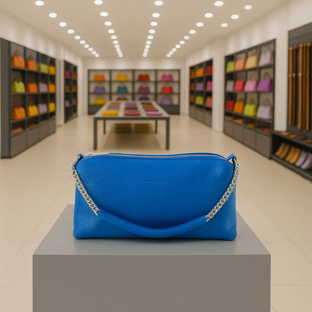 RB1025CH | Borsa Donna a Mano con doppia lampo in Vera Pelle Made in Italy. Tracolla in pelle regolabile. Accessori Nickel Lucido - Colore Blu Royal - Dimensioni: cm 26 x 14 x 9