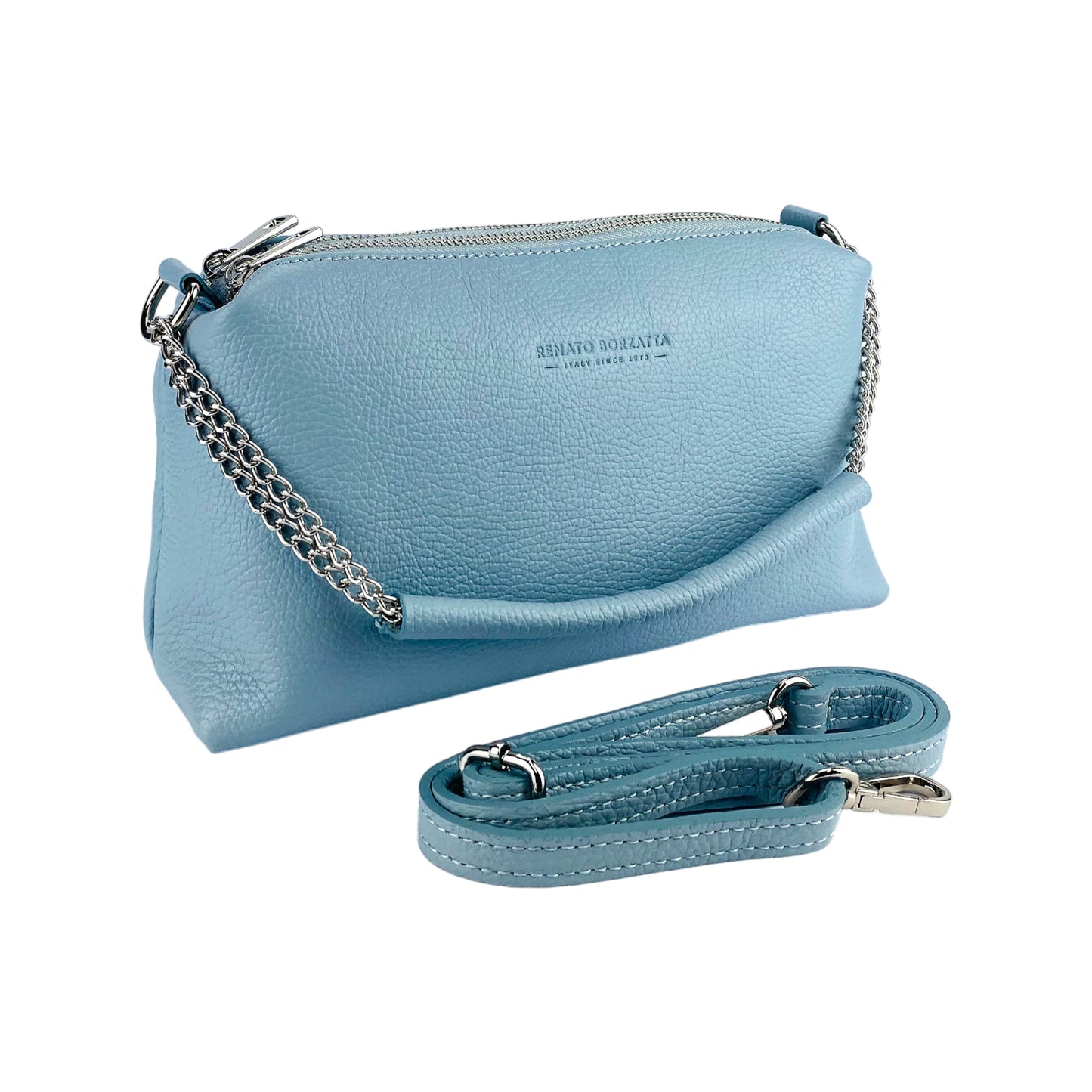RB1025CL | Borsa Donna a Mano con doppia lampo in Vera Pelle Made in Italy. Tracolla in pelle regolabile. Accessori Nickel Lucido - Colore Celeste - Dimensioni: cm 26 x 14 x 9