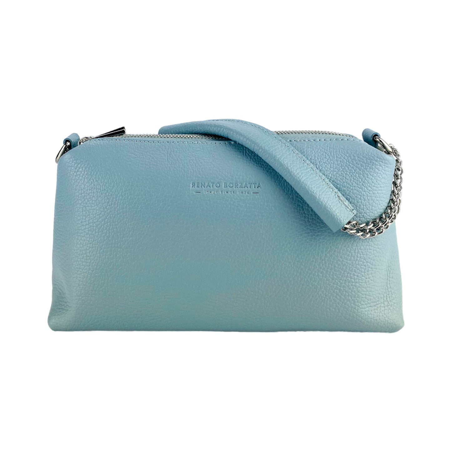 RB1025CL | Borsa Donna a Mano con doppia lampo in Vera Pelle Made in Italy. Tracolla in pelle regolabile. Accessori Nickel Lucido - Colore Celeste - Dimensioni: cm 26 x 14 x 9