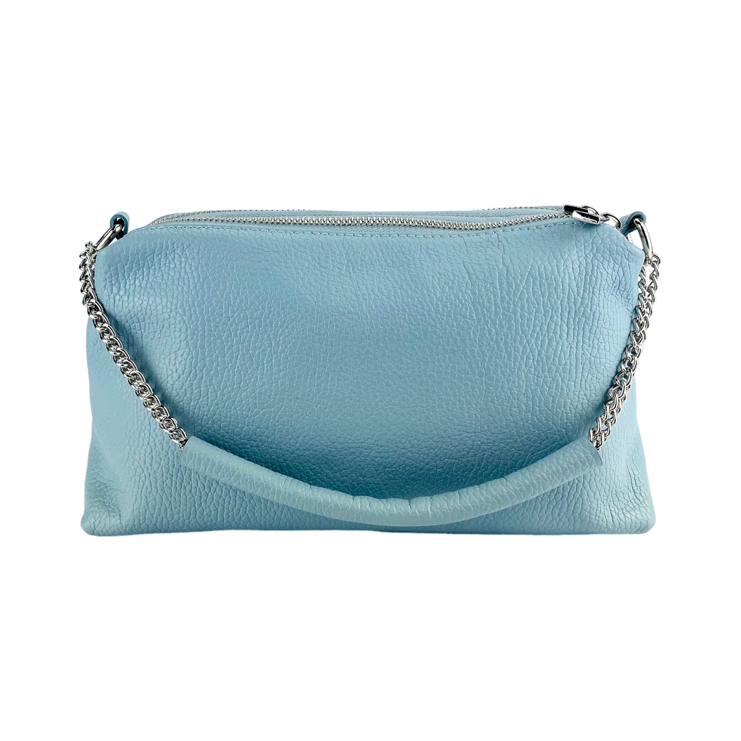 RB1025CL | Borsa Donna a Mano con doppia lampo in Vera Pelle Made in Italy. Tracolla in pelle regolabile. Accessori Nickel Lucido - Colore Celeste - Dimensioni: cm 26 x 14 x 9