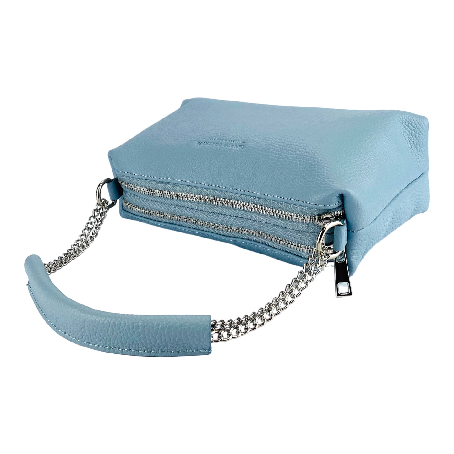 RB1025CL | Borsa Donna a Mano con doppia lampo in Vera Pelle Made in Italy. Tracolla in pelle regolabile. Accessori Nickel Lucido - Colore Celeste - Dimensioni: cm 26 x 14 x 9