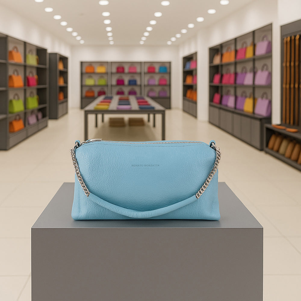RB1025CL | Borsa Donna a Mano con doppia lampo in Vera Pelle Made in Italy. Tracolla in pelle regolabile. Accessori Nickel Lucido - Colore Celeste - Dimensioni: cm 26 x 14 x 9