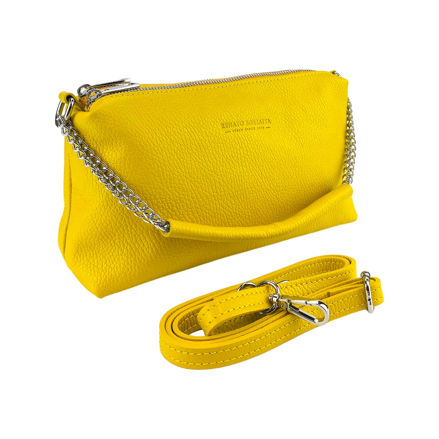 RB1025R | Borsa Donna a Mano con doppia lampo in Vera Pelle Made in Italy. Tracolla in pelle regolabile. Accessori Nickel Lucido - Colore Giallo - Dimensioni: cm 26 x 14 x 9