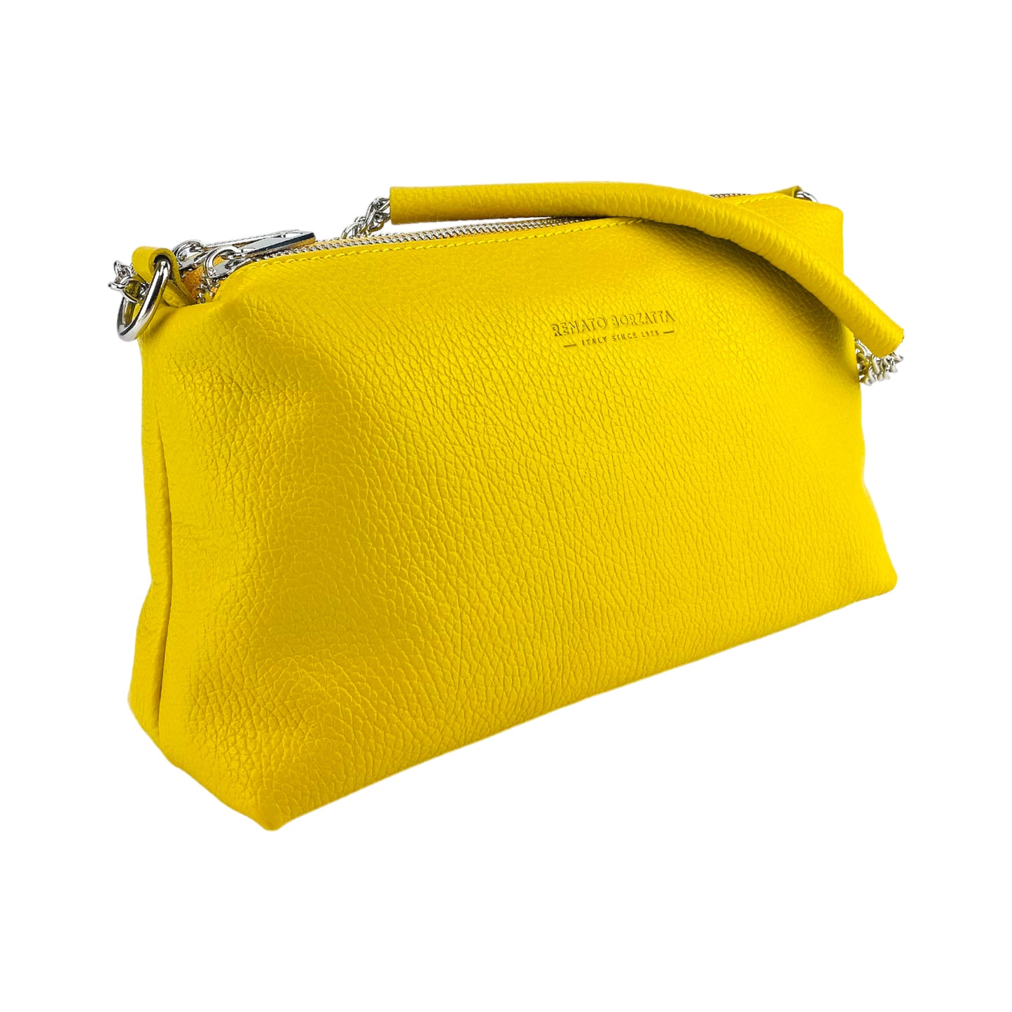 RB1025R | Borsa Donna a Mano con doppia lampo in Vera Pelle Made in Italy. Tracolla in pelle regolabile. Accessori Nickel Lucido - Colore Giallo - Dimensioni: cm 26 x 14 x 9