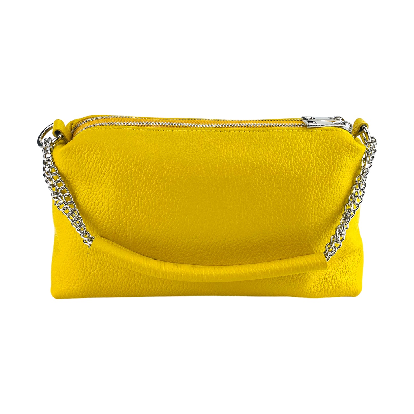 RB1025R | Borsa Donna a Mano con doppia lampo in Vera Pelle Made in Italy. Tracolla in pelle regolabile. Accessori Nickel Lucido - Colore Giallo - Dimensioni: cm 26 x 14 x 9