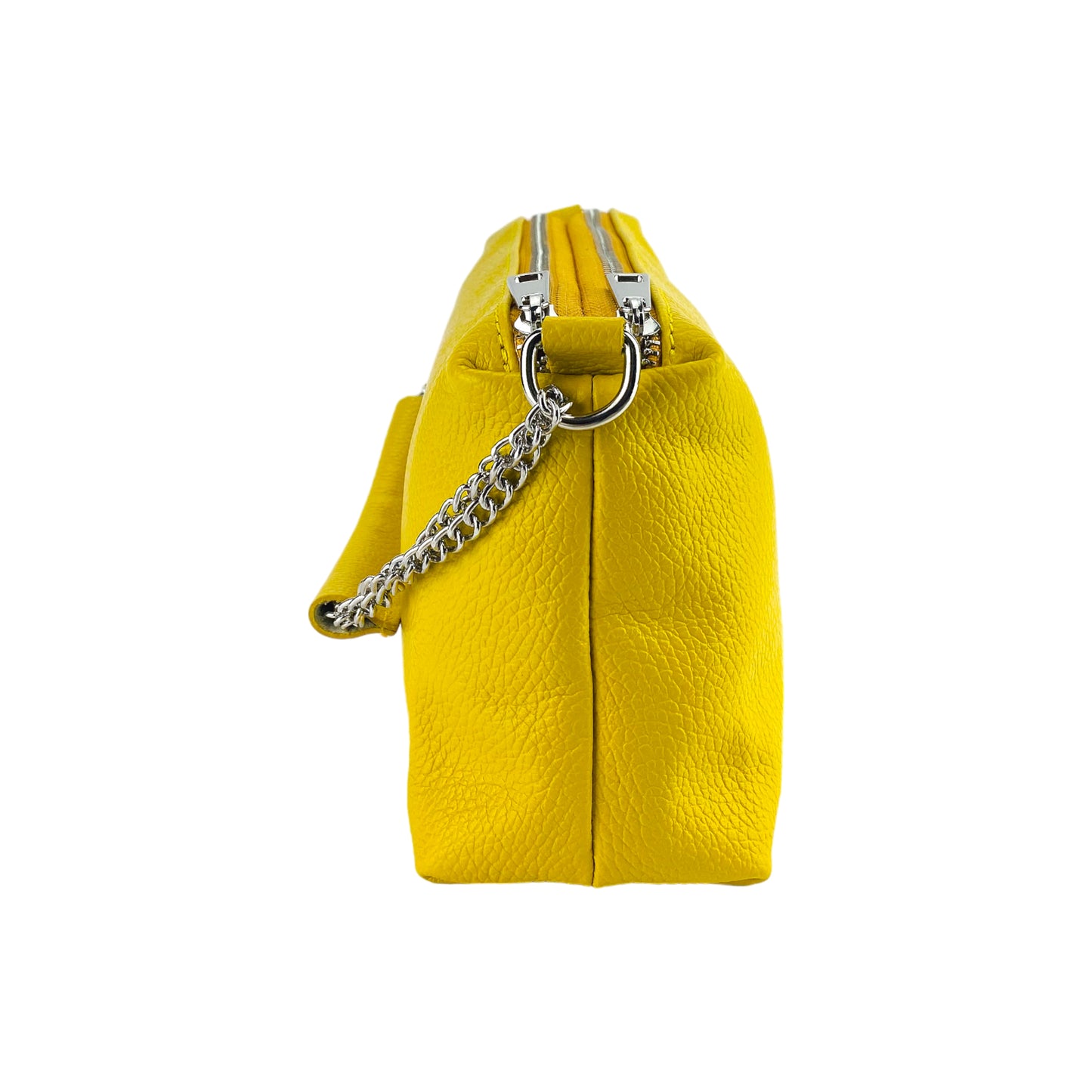 RB1025R | Borsa Donna a Mano con doppia lampo in Vera Pelle Made in Italy. Tracolla in pelle regolabile. Accessori Nickel Lucido - Colore Giallo - Dimensioni: cm 26 x 14 x 9