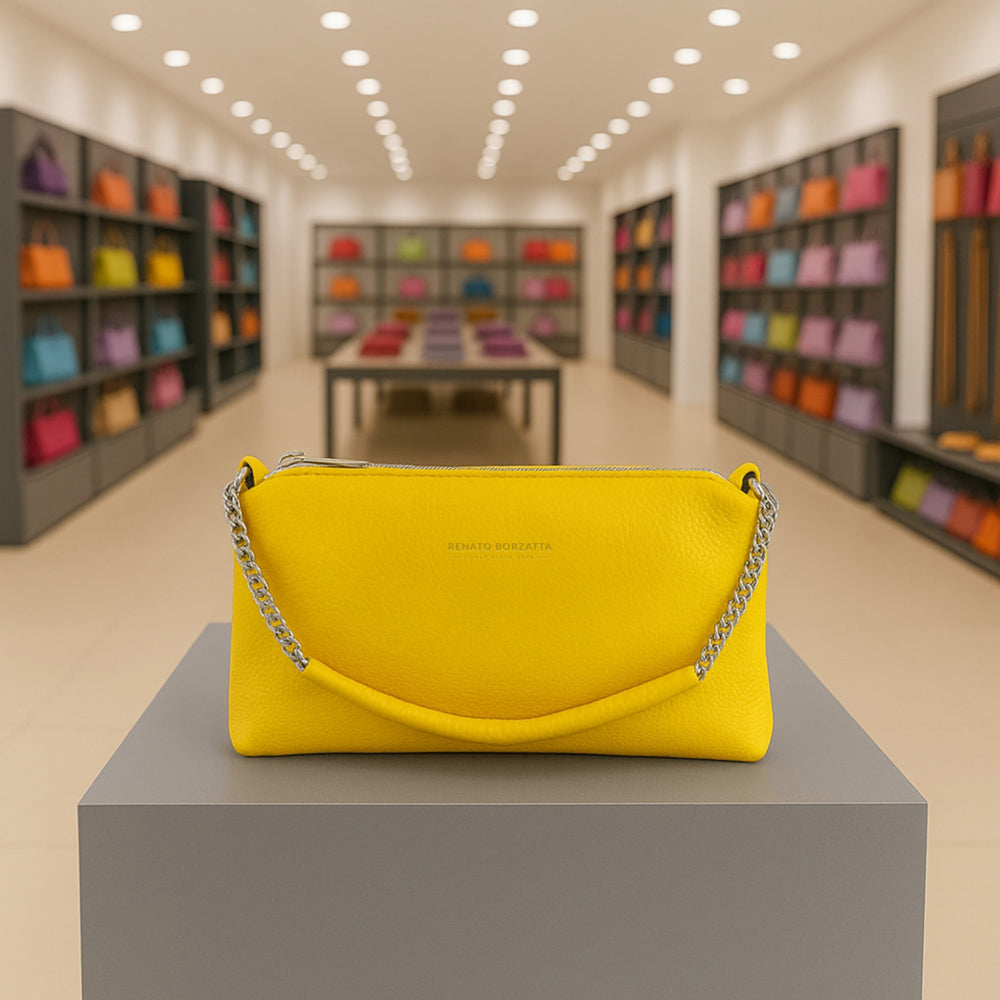 RB1025R | Borsa Donna a Mano con doppia lampo in Vera Pelle Made in Italy. Tracolla in pelle regolabile. Accessori Nickel Lucido - Colore Giallo - Dimensioni: cm 26 x 14 x 9