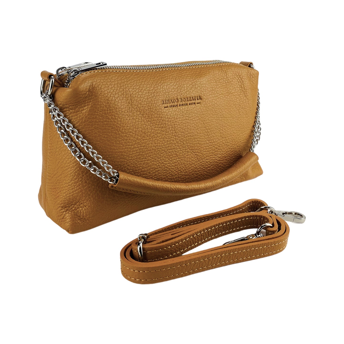 RB1025S | Borsa Donna a Mano con doppia lampo in Vera Pelle Made in Italy. Tracolla in pelle regolabile. Accessori Nickel Lucido - Colore Cognac - Dimensioni: cm 26 x 14 x 9