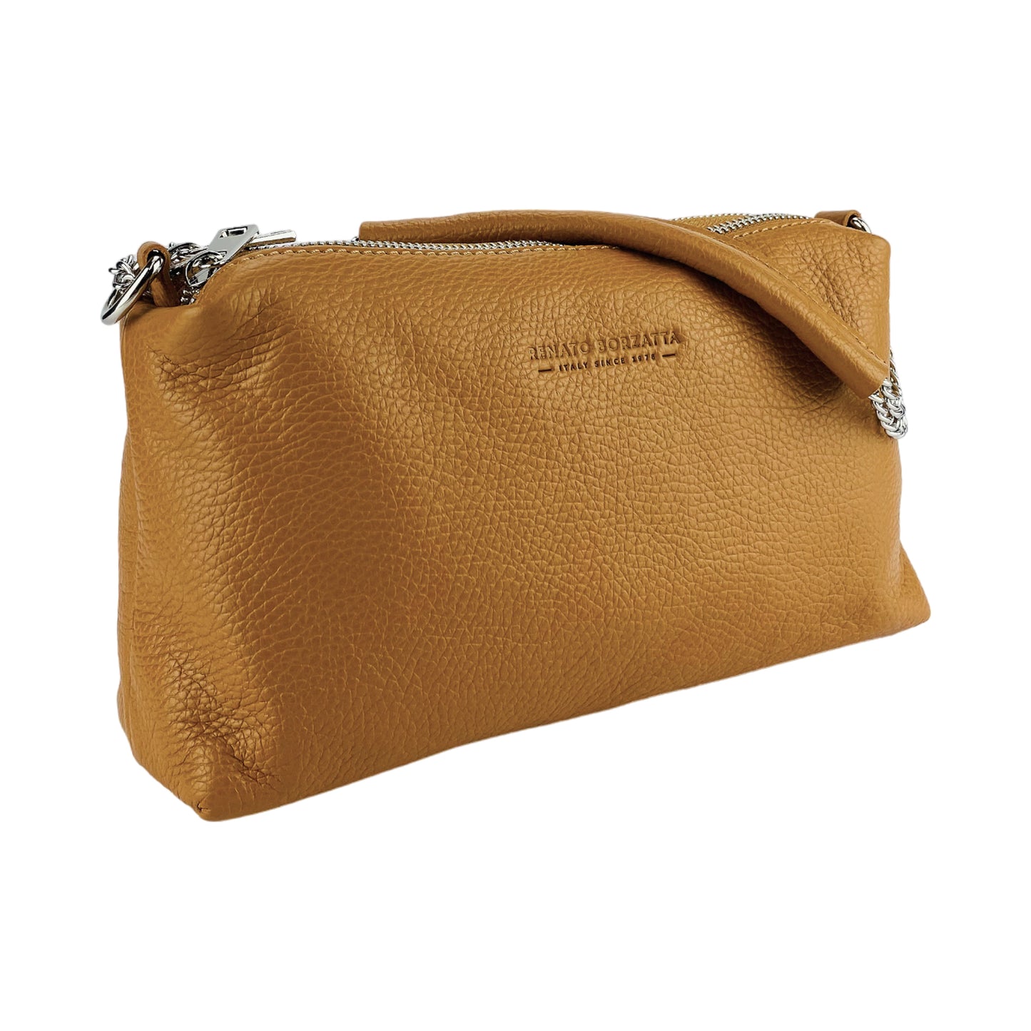 RB1025S | Borsa Donna a Mano con doppia lampo in Vera Pelle Made in Italy. Tracolla in pelle regolabile. Accessori Nickel Lucido - Colore Cognac - Dimensioni: cm 26 x 14 x 9