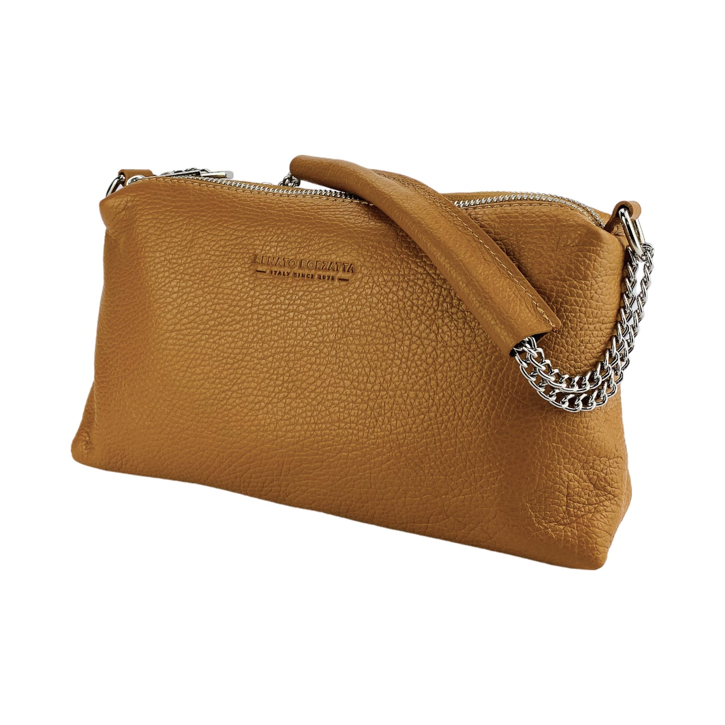 RB1025S | Borsa Donna a Mano con doppia lampo in Vera Pelle Made in Italy. Tracolla in pelle regolabile. Accessori Nickel Lucido - Colore Cognac - Dimensioni: cm 26 x 14 x 9