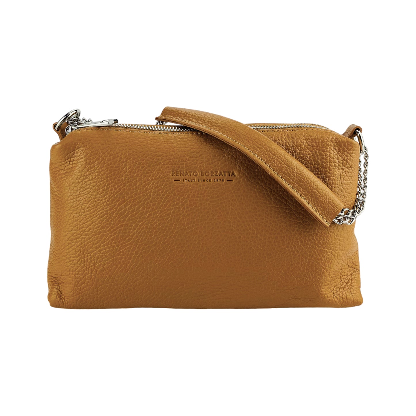 RB1025S | Borsa Donna a Mano con doppia lampo in Vera Pelle Made in Italy. Tracolla in pelle regolabile. Accessori Nickel Lucido - Colore Cognac - Dimensioni: cm 26 x 14 x 9