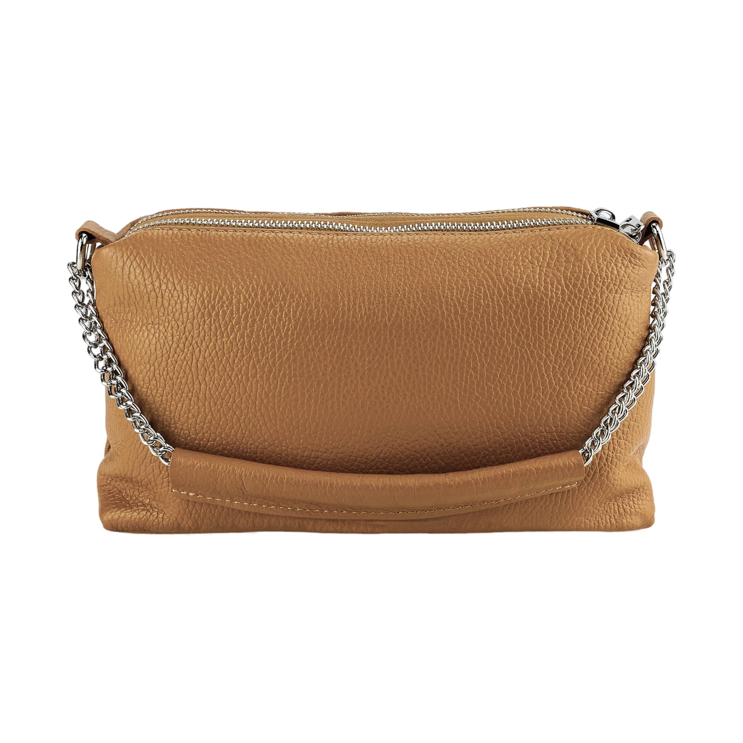 RB1025S | Borsa Donna a Mano con doppia lampo in Vera Pelle Made in Italy. Tracolla in pelle regolabile. Accessori Nickel Lucido - Colore Cognac - Dimensioni: cm 26 x 14 x 9