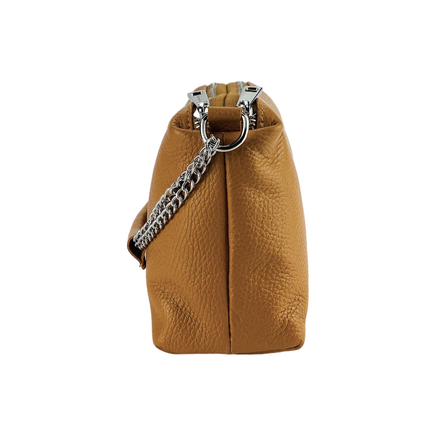 RB1025S | Borsa Donna a Mano con doppia lampo in Vera Pelle Made in Italy. Tracolla in pelle regolabile. Accessori Nickel Lucido - Colore Cognac - Dimensioni: cm 26 x 14 x 9