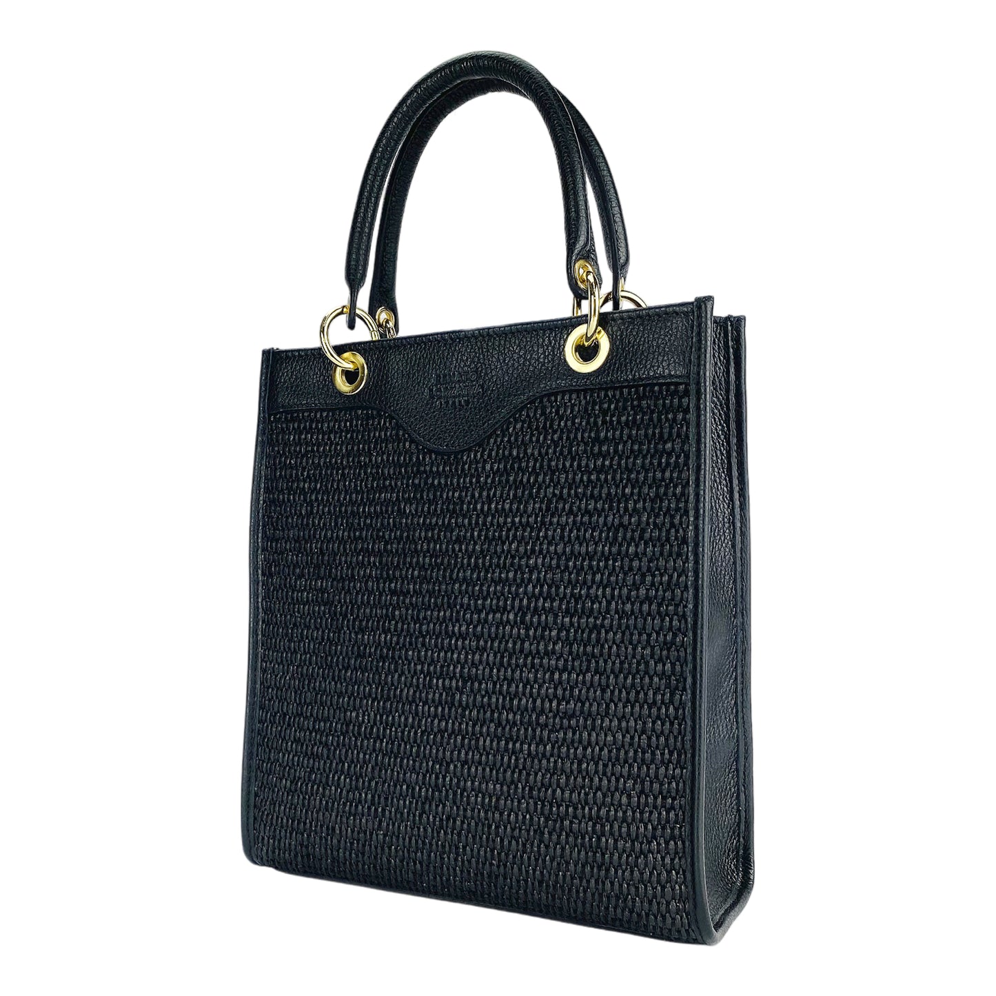 RB1026A | Borsa Donna a mano verticale in Vera Pelle e Paglia Made in Italy. Tracolla removibile e regolabile in pelle. Accessori Oro Lucido - Colore Nero - Dimensioni: cm 24 x 29 x 9