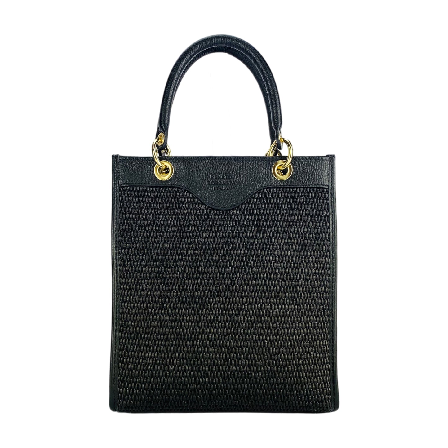RB1026A | Borsa Donna a mano verticale in Vera Pelle e Paglia Made in Italy. Tracolla removibile e regolabile in pelle. Accessori Oro Lucido - Colore Nero - Dimensioni: cm 24 x 29 x 9