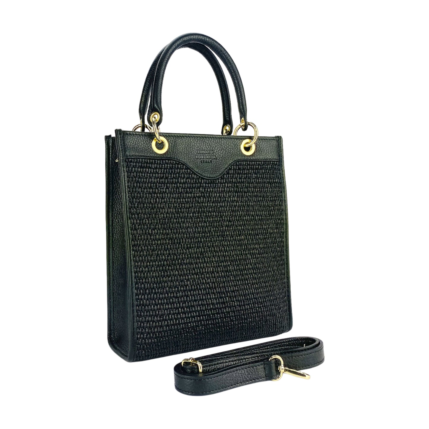 RB1026A | Borsa Donna a mano verticale in Vera Pelle e Paglia Made in Italy. Tracolla removibile e regolabile in pelle. Accessori Oro Lucido - Colore Nero - Dimensioni: cm 24 x 29 x 9