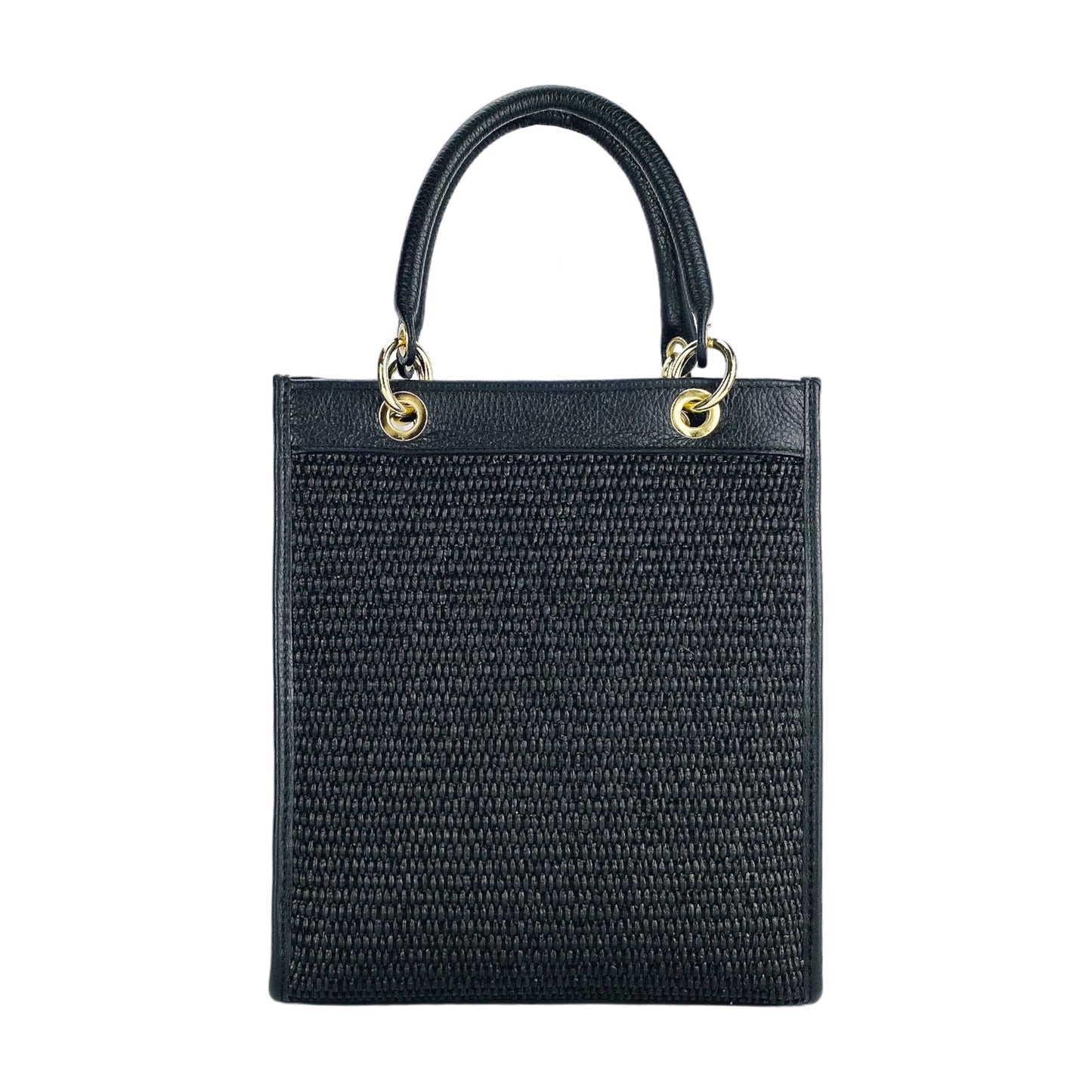 RB1026A | Borsa Donna a mano verticale in Vera Pelle e Paglia Made in Italy. Tracolla removibile e regolabile in pelle. Accessori Oro Lucido - Colore Nero - Dimensioni: cm 24 x 29 x 9