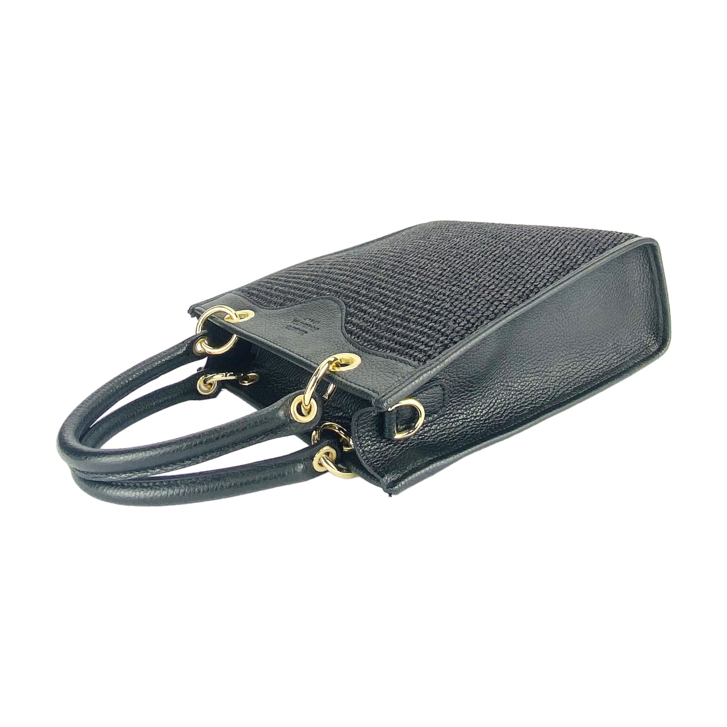 RB1026A | Borsa Donna a mano verticale in Vera Pelle e Paglia Made in Italy. Tracolla removibile e regolabile in pelle. Accessori Oro Lucido - Colore Nero - Dimensioni: cm 24 x 29 x 9
