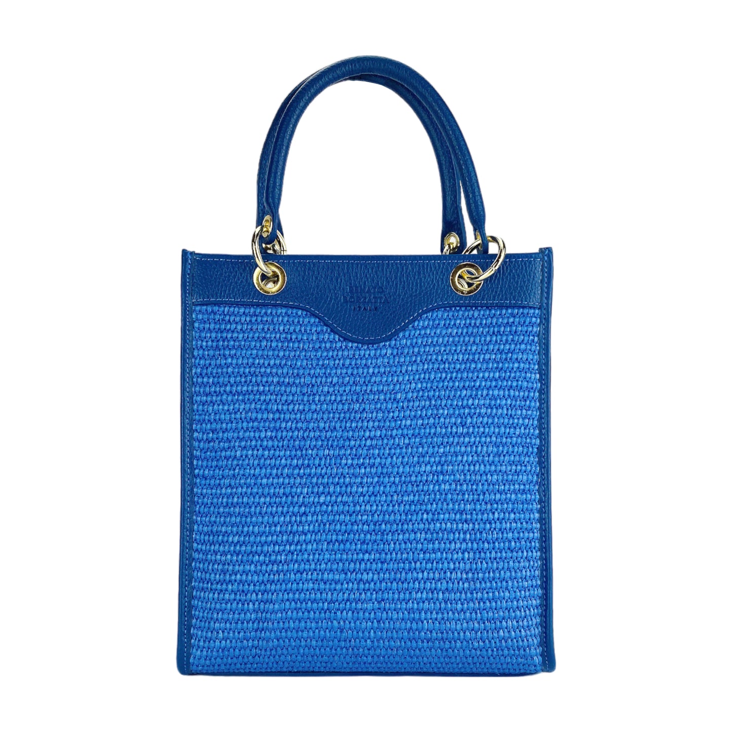 RB1026CH | Borsa Donna a mano verticale in Vera Pelle e Paglia Made in Italy. Tracolla removibile e regolabile in pelle. Accessori Oro Lucido - Colore Blu Royal - Dimensioni: cm 24 x 29 x 9