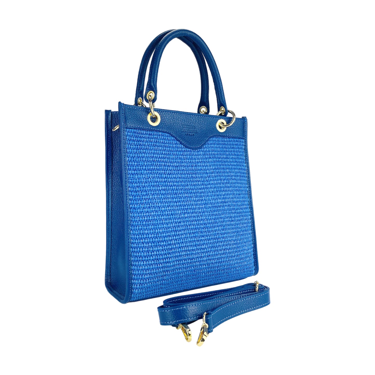 RB1026CH | Borsa Donna a mano verticale in Vera Pelle e Paglia Made in Italy. Tracolla removibile e regolabile in pelle. Accessori Oro Lucido - Colore Blu Royal - Dimensioni: cm 24 x 29 x 9