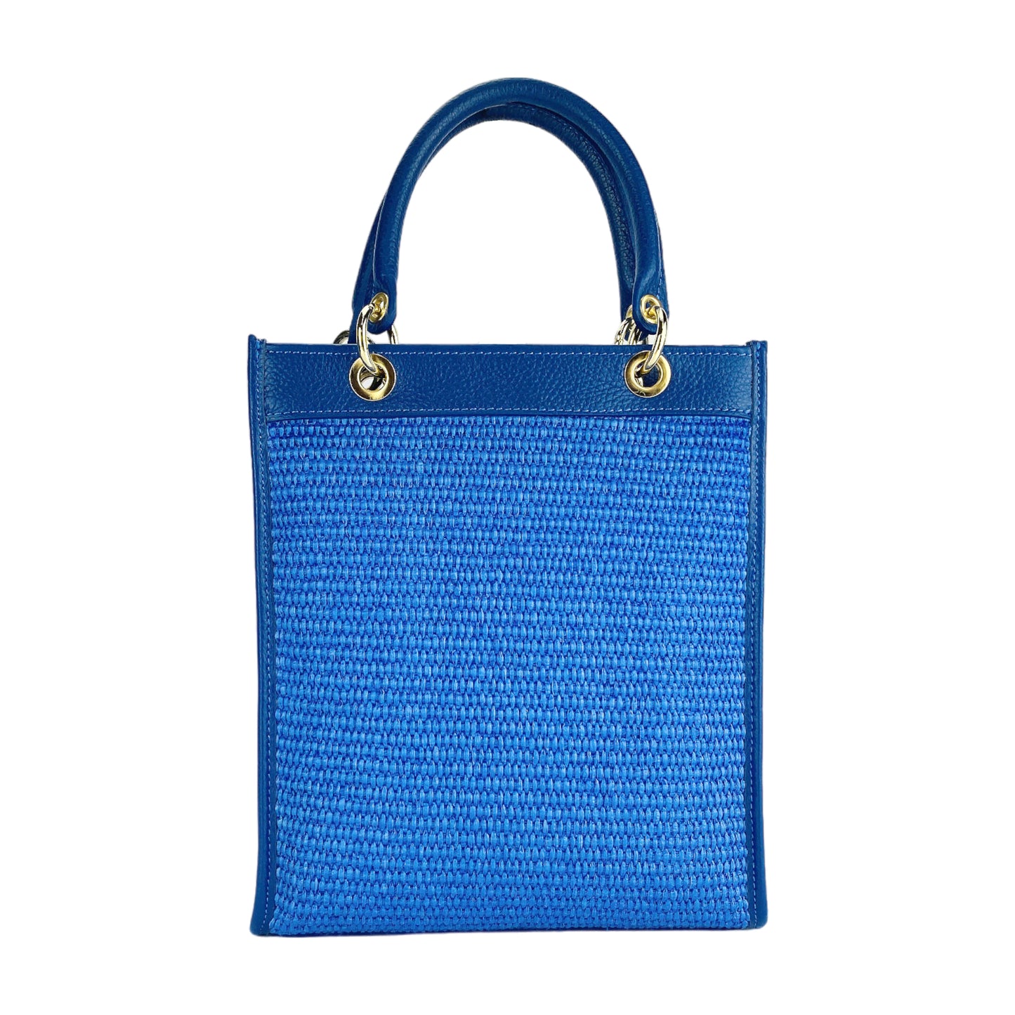 RB1026CH | Borsa Donna a mano verticale in Vera Pelle e Paglia Made in Italy. Tracolla removibile e regolabile in pelle. Accessori Oro Lucido - Colore Blu Royal - Dimensioni: cm 24 x 29 x 9