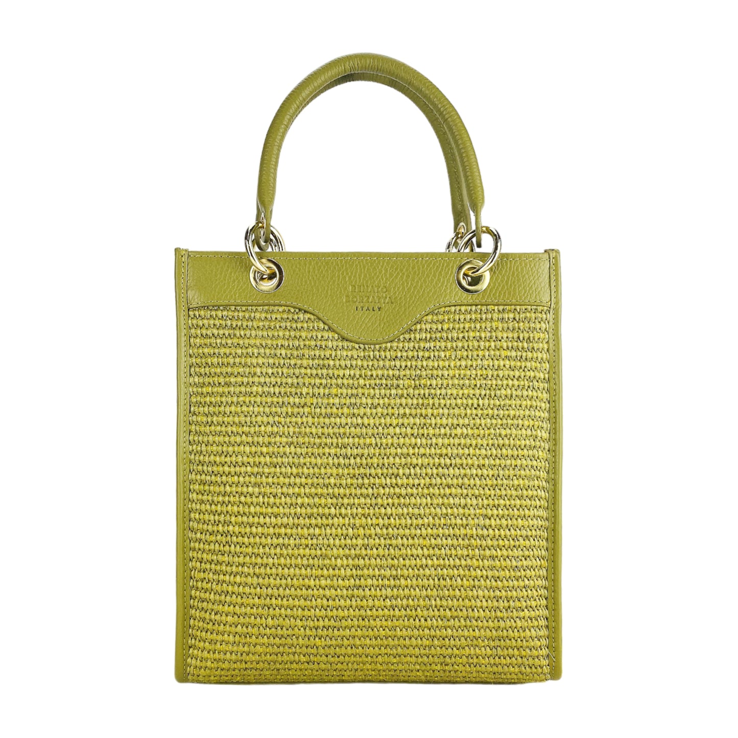 RB1026CM | Borsa Donna a mano verticale in Vera Pelle e Paglia Made in Italy. Tracolla removibile e regolabile in pelle. Accessori Oro Lucido - Colore Pistacchio - Dimensioni: cm 24 x 29 x 9