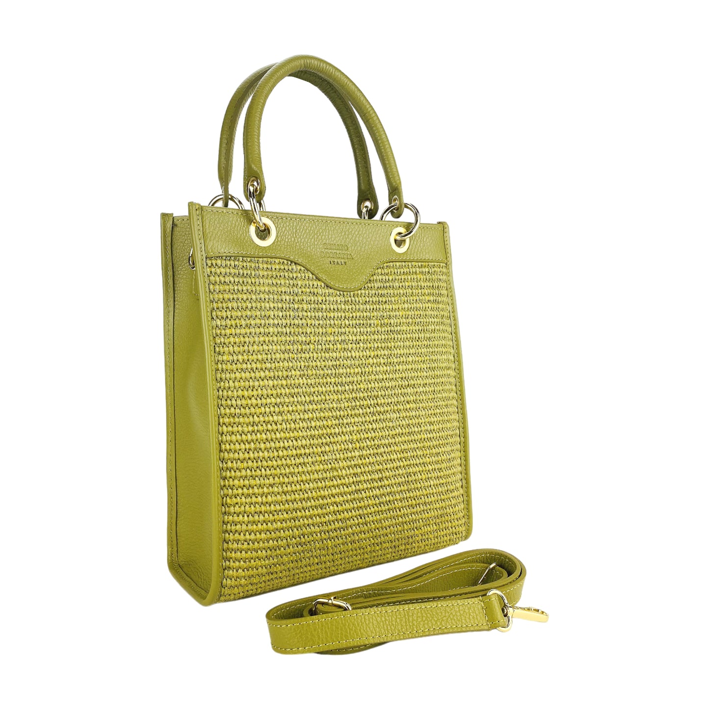RB1026CM | Borsa Donna a mano verticale in Vera Pelle e Paglia Made in Italy. Tracolla removibile e regolabile in pelle. Accessori Oro Lucido - Colore Pistacchio - Dimensioni: cm 24 x 29 x 9