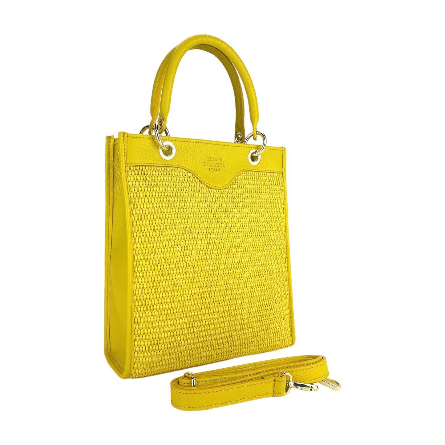 RB1026R | Borsa Donna a mano verticale in Vera Pelle e Paglia Made in Italy. Tracolla removibile e regolabile in pelle. Accessori Oro Lucido - Colore Giallo - Dimensioni: cm 24 x 29 x 9