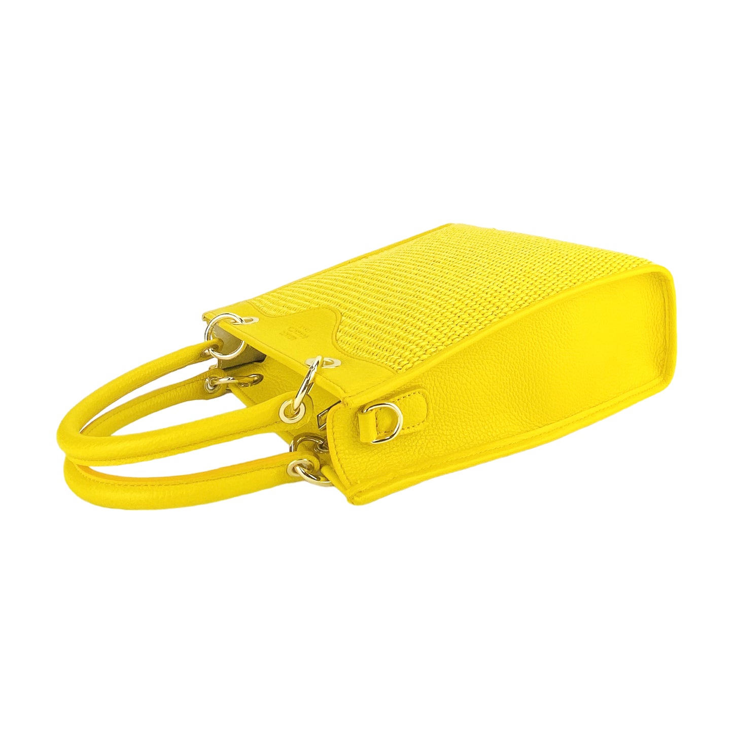 RB1026R | Borsa Donna a mano verticale in Vera Pelle e Paglia Made in Italy. Tracolla removibile e regolabile in pelle. Accessori Oro Lucido - Colore Giallo - Dimensioni: cm 24 x 29 x 9