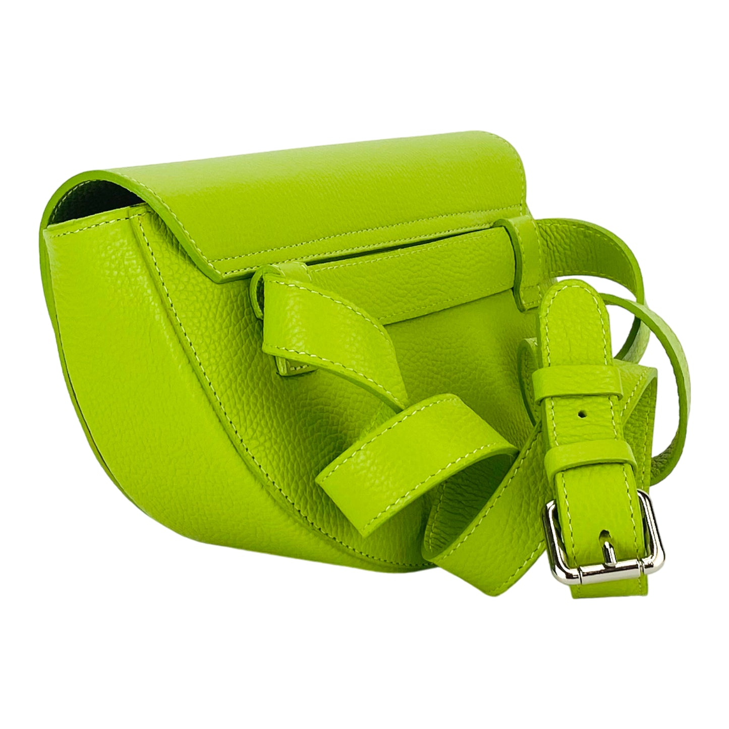 RB1027AD | Borsa Donna a Bandoliera stondata in Vera Pelle Made in Italy. Tracolla removibile e regolabile in pelle. Accessori Nickel Lucido - Colore Lime - Dimensioni: cm 25 x 15 x 9