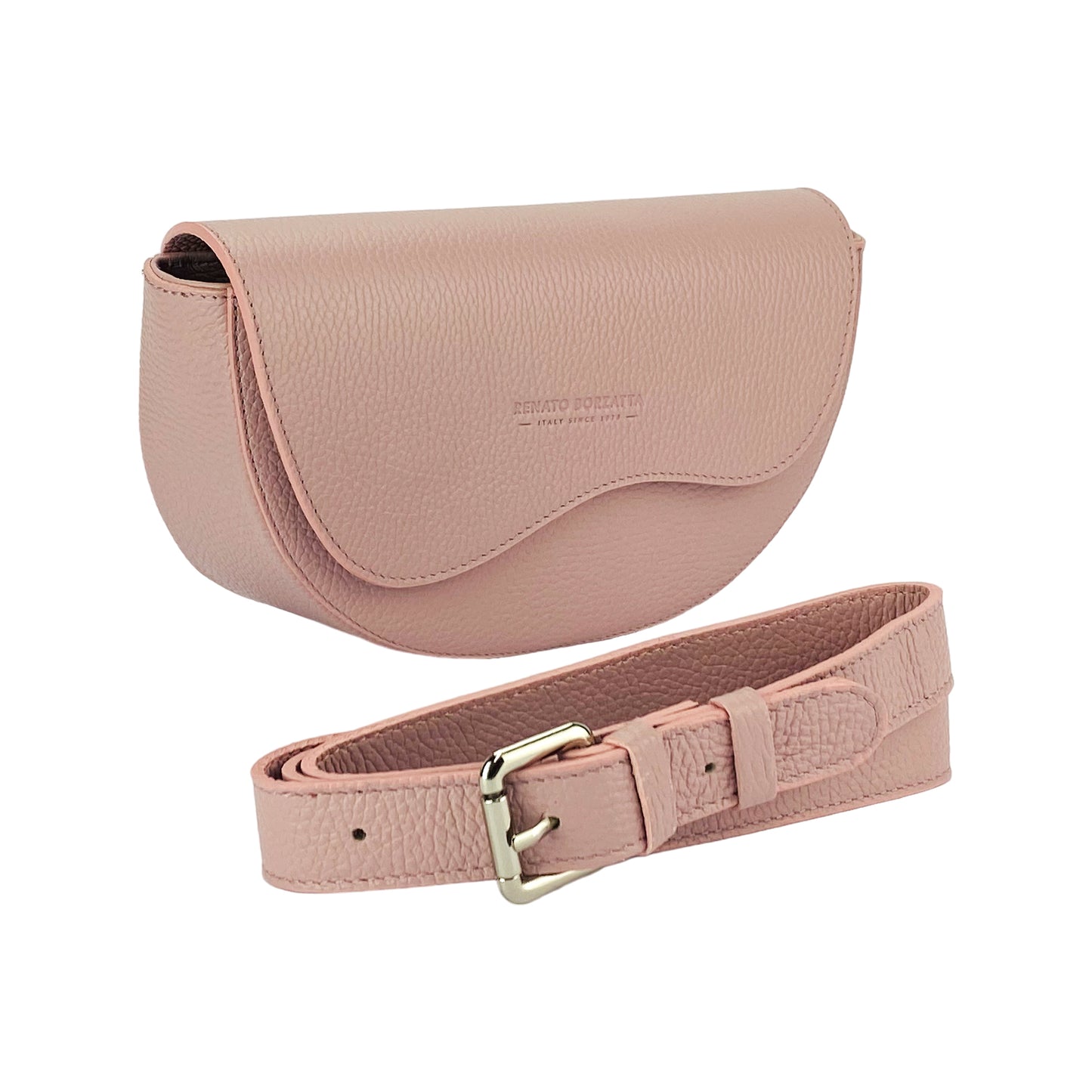 RB1027AZ | Borsa Donna a Bandoliera stondata in Vera Pelle Made in Italy. Tracolla removibile e regolabile in pelle. Accessori Nickel Lucido - Colore Rosa Antico - Dimensioni: cm 25 x 15 x 9