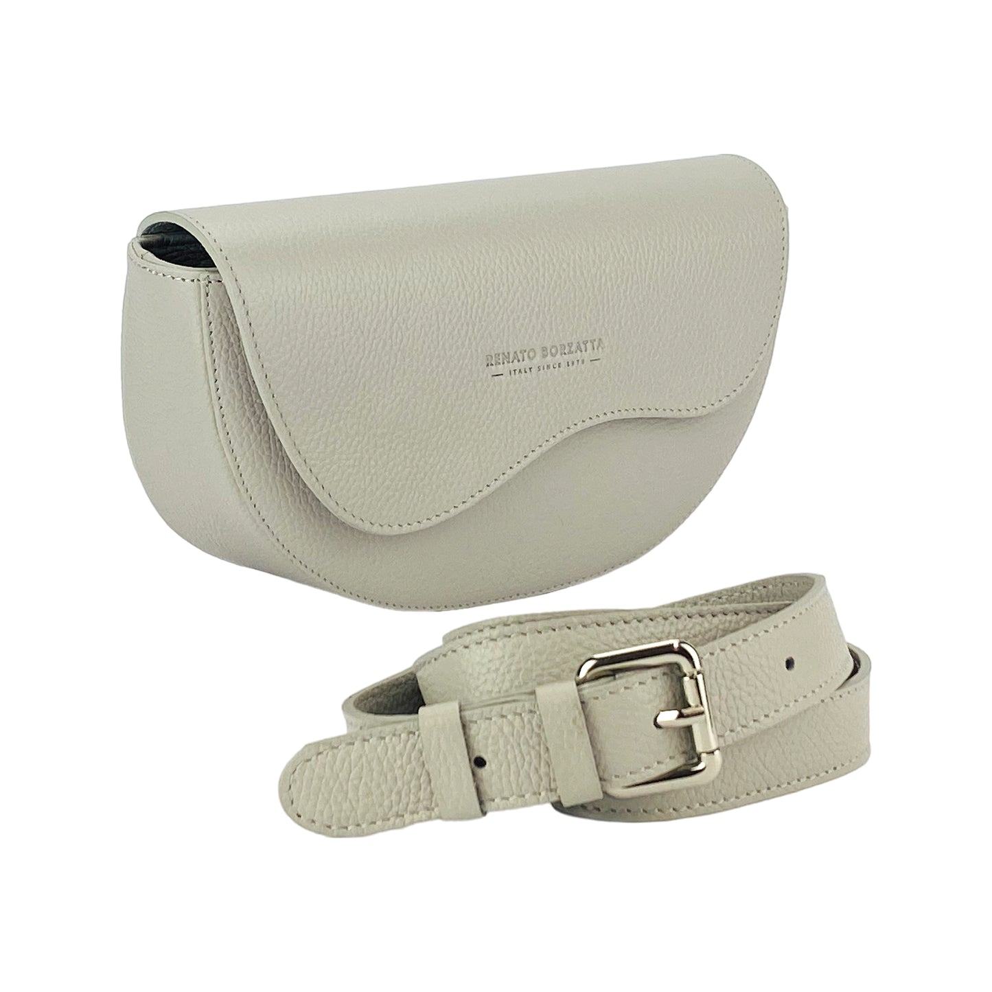 RB1027BO | Borsa Donna a Bandoliera stondata in Vera Pelle Made in Italy. Tracolla removibile e regolabile in pelle. Accessori Nickel Lucido - Colore Ghiaccio - Dimensioni: cm 25 x 15 x 9
